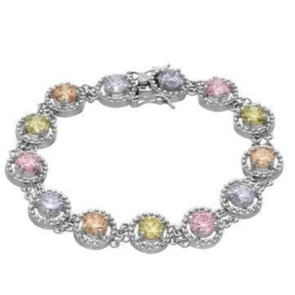 .925 Sterling Silver Multicolor Simulated Gemstone CZ Tennis Bracelet 7" - Picture 1 of 10